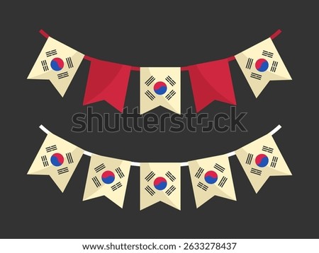 Two strings of South Korean flag bunting feature the red, blue, and black Taegukgi symbol on white pennants. ideal for national events, cultural displays, or promotions related to South Korea