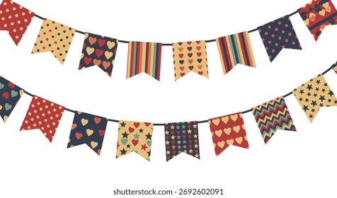 Duas cordas de bandeiras de bunting estampadas vibrantes, perfeitas para festas e eventos, isoladas em um fundo branco.
