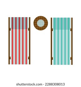 Two striped beach lounges and table top view flat vector illustration