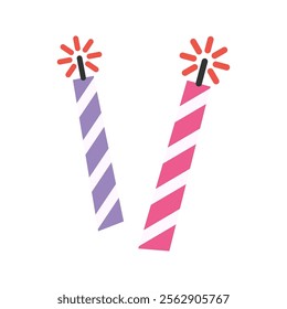 Two striped candles with flames. Typically used to decorate cakes or set a festive mood.