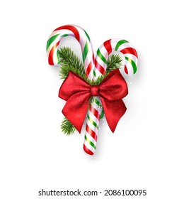 Two striped candy cane sticks with fir branch and red bow. Vector holiday illustration.