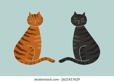 Two striped cats sitting, vector illustration.