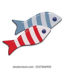 Two striped fish red and blue. Fish in love for Valentine's Day. Romantic vector image for sticker, decal, badge, card.