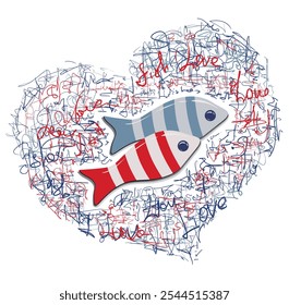 Two striped fish red and blue on grunge heart. Fish in love for Valentine's Day. Romantic vector image for sticker, decal, badge, card.