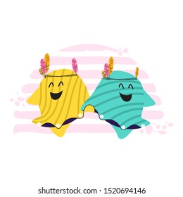 Two striped pillows with bird feathers dancing cancan at a party 