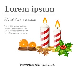 Two striped red burning Christmas candles on candlestick with canela orange slices and mistletoe vector illustration isolated on white background with place for your text web site page and mobile app.