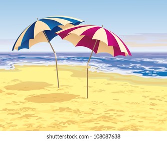 two striped umbrellas on the beach