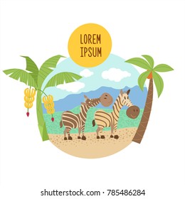 Two striped zebras stand under palm trees. The African animals. Vector illustration. Isolated on a white background.