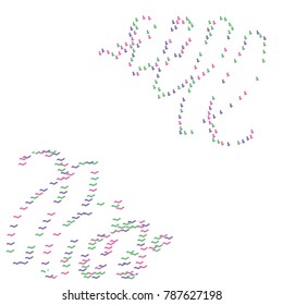 Two Stripes of Green, Pink and Violet Confetti on White Background