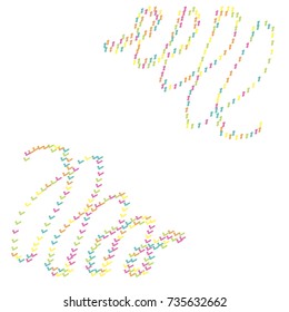 Two Stripes of Yellow, Blue and Violet Confetti on White Background