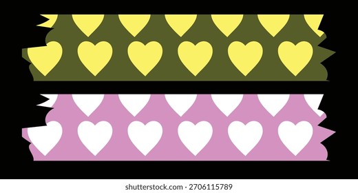 Dos tiras de cinta decorativa, una verde oliva con corazones amarillos y la otra rosa con corazones blancos, se muestran sobre un fondo negro.