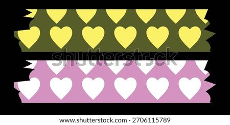 Two strips of decorative tape, one olive green with yellow hearts and the other pink with white hearts, are displayed on a black background.
