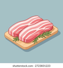 Duas tiras de barriga de porco crua com gordura visível e camadas de carne, temperadas com raminhos de alecrim frescos, descansando em uma tábua de corte de madeira leve.