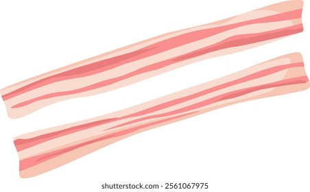 Two strips of uncooked bacon lying diagonally on a clean white background, awaiting cooking for a mouthwatering breakfast filled with savory flavors and satisfying textures