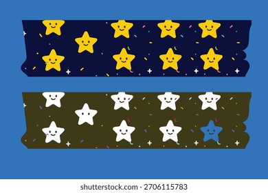 Dos tiras de washi tape con adorables estrellas sonrientes, perfectas para añadir un toque de capricho a las manualidades y decoraciones.