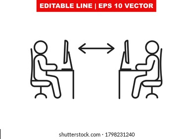 Two stroke style employee sitting on chair and working at the work desk on a computer in office or coworking with safety social distance to prevent covid19 infection. Safe distance icon with arrow V1