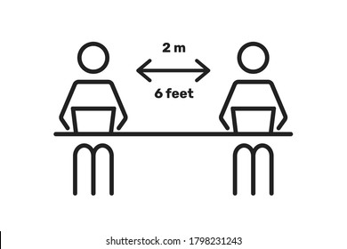 Two stroke style employee sitting on chair and working at the work desk on a computer in office or coworking with safety social distance to prevent covid19 infection. Safe distance icon with arrow V2