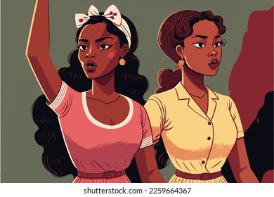 Dos mujeres negras fuertes levantando sus puños en el aire, mujeres negras, con el brazo levantado, antirracismo y justicia social