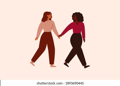 Two strong females walk together and hold hands. Black woman supports and leads her friend forward. Friendship, feminism movement and Sisterhood concept. Vector flat illustration 