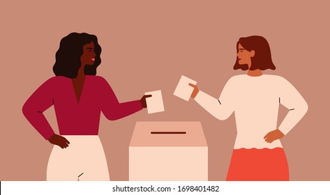 Two Strong girls are putting paper ballot in box. Women activists are calling for votes. Voting and Election concept. Pre-election campaign.