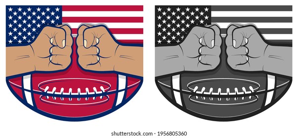 two strong hands of athletes clenched into fist on background of American football ball and American flag. Rivals in sports. Vector