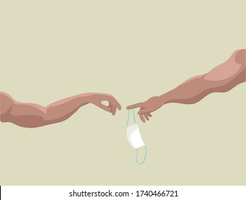 Two strong men`s arms giving each other a medicine mask. Parody on famous masterpiece. Vector illustration.