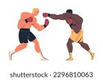 Two strong professional boxers in shorts and gloves fighting or training cartoon vector illustration