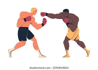 Two strong professional boxers in shorts and gloves fighting or training cartoon vector illustration