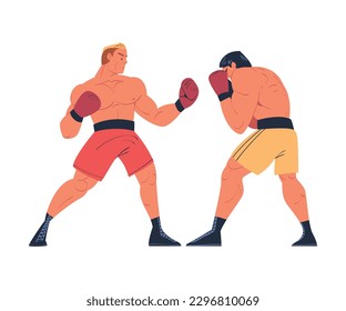 Two strong professional boxers in shorts and gloves fighting on ring cartoon vector illustration