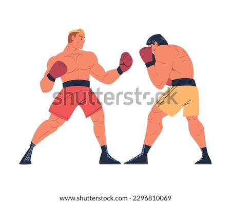 Two strong professional boxers in shorts and gloves fighting on ring cartoon vector illustration