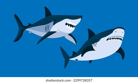 Two strong sharks swimming under water, fish mascot logo, different shapes, character designs set, angry huge shark with scary jaw, flat character vector illustration