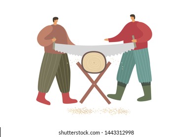 Two strong village men sawing a large log. Rustic labor, agricultural equipment and rural economy. Ecotourism. Trendy flat vector illustration.