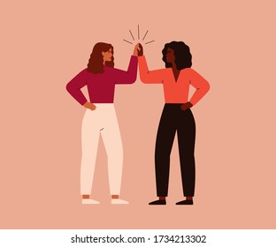 Two Strong Women Clap Hands In High Five. Teamwork And Successful Partnership Concept. Vector Illustration