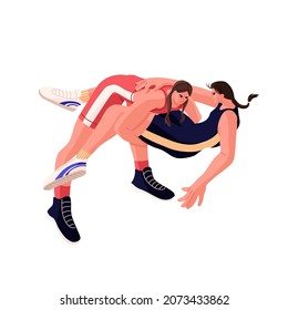 Two strong women fighters wrestling, competing in freestyle sports battle. Fight of female wrestlers. Fighter attacking opponent. Flat vector illustration of athletes isolated on white background