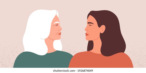 Two strong women look at each other. Side view of mature mother and her young daughter standing together. Female friendship or disagreement concept. Vector illustration. 