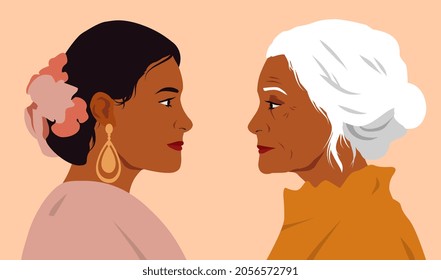 Two strong women. Mom and daughter look into each others eyes. Indian women, respect for elders. Eye to eye, conflict, confrontation. Cartoon flat vector illustration isolated on white background