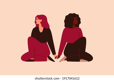 Two strong women sit together and hold arms. Fearless girls support and help each other. Friendship poster, the union of feminists and sisterhood. Vector illustration