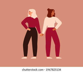 Two strong women stand together and hold arms. Fearless girls support and help each other. Friendship concept, the union of feminists and sisterhood. Vector illustration