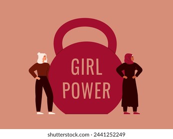 Dos mujeres fuertes de pie cerca de una gran kettlebell con texto en ella. Hembras seguras de sí mismas cerca de una gran mancuerna rosa como símbolo del poder de las chicas. Ilustración vectorial para el empoderamiento femenino.