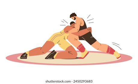 Two strong wrestlers men fighting in sportwear vector illustration. Cartoon Greco roman wrestling, martial art, sportsmanship. Sport game competition struggle duel battle isolated on white