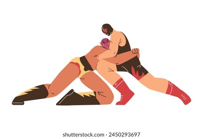 Two strong wrestlers men fighting in mask and costume vector illustration. Cartoon Greco roman wrestling, martial art, sportsmanship. Sport game competition struggle duel battle isolated on white