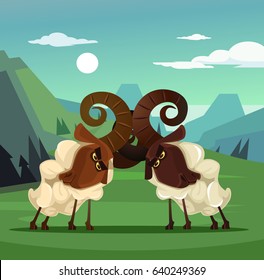 Two stubborn angry ram sheep characters quarreling. Vector flat cartoon illustration