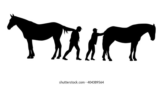Two stubborn horses refusing to move. Funny vector illustration.