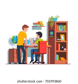 Two Student Friends Studying Doing Homework Together At Home Kid Room. Teen Boy Sitting At Desk, Reading Book. University Dormitory With Wooden Table, Bookcase & Chair. Flat Style Vector Illustration.