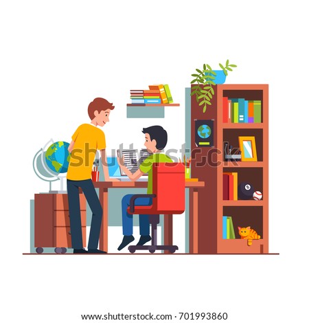 Two student friends studying doing homework together at home kid room. Teen boy sitting at desk, reading book. University dormitory with wooden table, bookcase & chair. Flat style vector illustration.