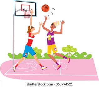 Two student girls playing basketball.  Woman team Vector illustration