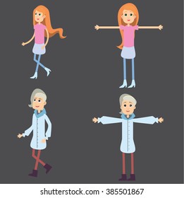 Two student girls walking. Students girl. Studying girls. Vector girls for animation. Animation, cartoon, girls, clothes, movie, life. Two young girls. Students. 