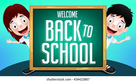 Two Student Vector Characters in Uniform Holding Chalkboard with Back to School Text. Vector Illustration
