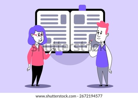 Two students actively discussing their coursework while standing in front of open notebook. One student gesturing while other taking notes