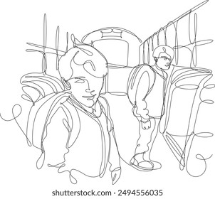 Zwei Schüler mit Rucksäcken dahinter, die im Bus stehen, um zur Schule zu gehen. Fortlaufende Vektorillustration der Linie auf weißem Hintergrund Bildung.